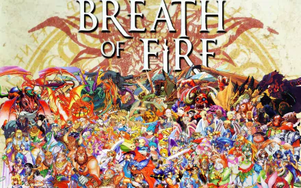 HD PC desktop wallpaper featuring a colorful collage of characters and dragons from the video game Breath of Fire, with the title logo centered over intricate fantasy artwork.