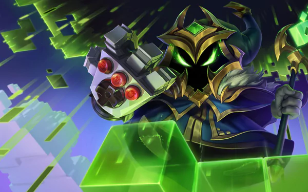 HD desktop wallpaper featuring Veigar, a Yordle character from League of Legends. The image showcases Veigar wielding a magical weapon amidst a vibrant, pixelated backdrop.