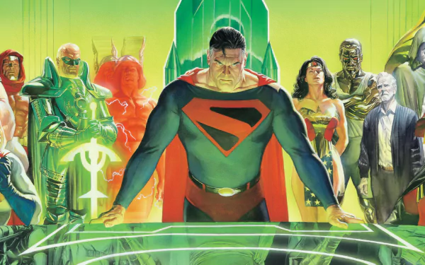 Comic Kingdom Come HD PC desktop wallpaper: Superman with black-and-red emblem stands center, heroes and mystics arrayed behind him against a glowing green citadel backdrop.