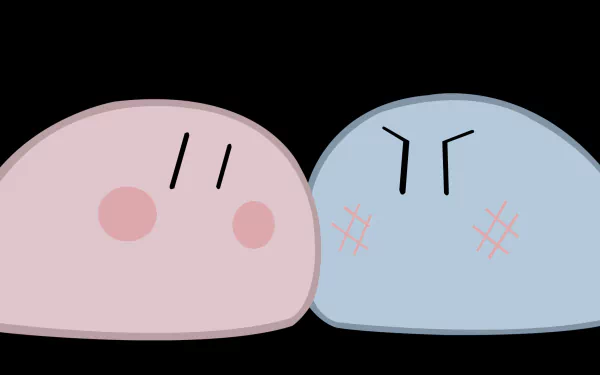 Two cute dango (pink and blue) with blushing cheeks and simple anime expressions on a black background — Clannad-themed 2K Quad HD PC desktop wallpaper.