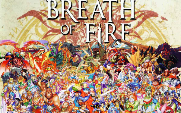 HD PC desktop wallpaper featuring a colorful collage of characters and dragons from the video game Breath of Fire, with the title logo centered over intricate fantasy artwork.