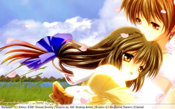 Anime HD desktop wallpaper featuring Kouko Ibuki and Fuuko Ibuki from Clannad, with soft clouds and cherry blossom petals enhancing the scene’s gentle atmosphere.