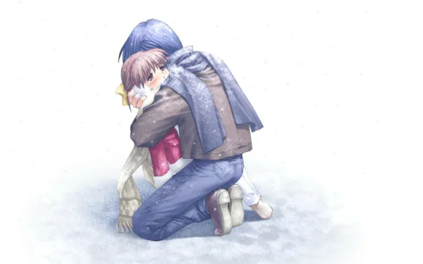 HD anime desktop wallpaper featuring Ushio Okazaki and Tomoya Okazaki from Clannad in an emotional embrace against a soft, snowy background.