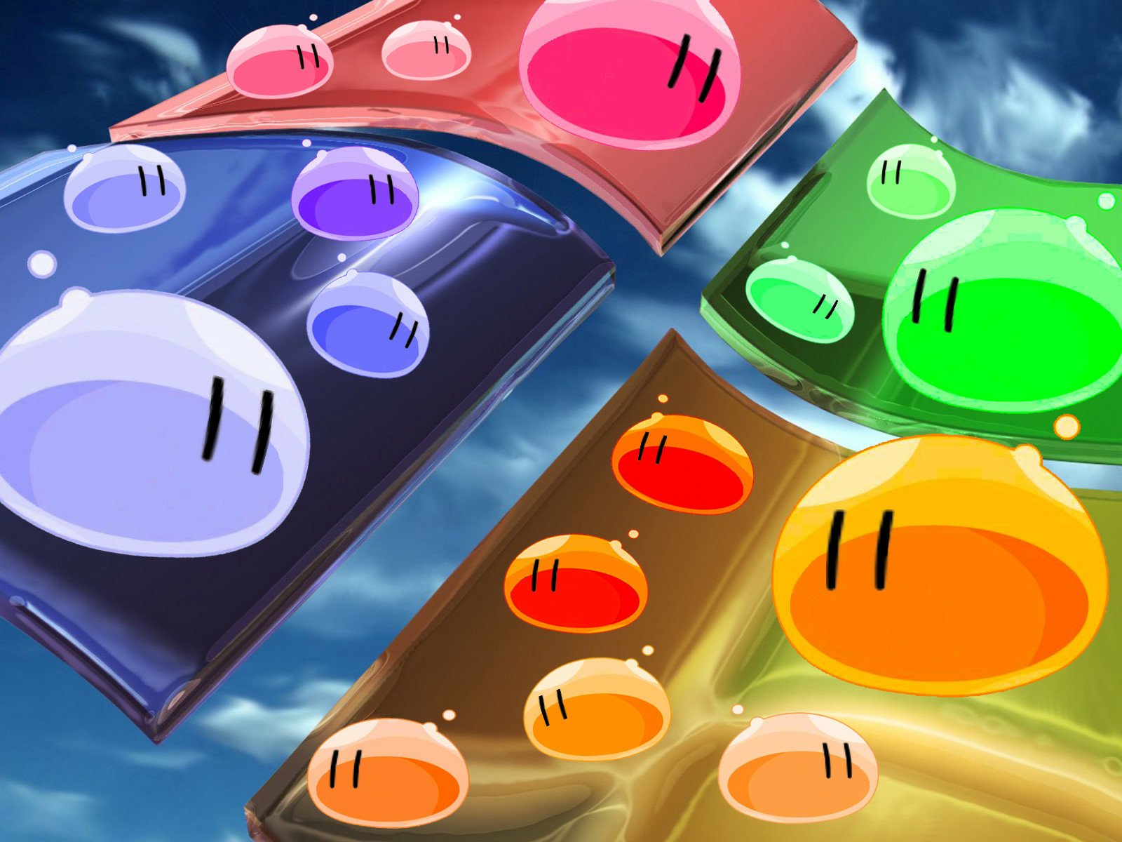 Colorful dango characters from the anime Clannad float against a bright sky in this HD desktop wallpaper, showcasing a playful and vibrant design.