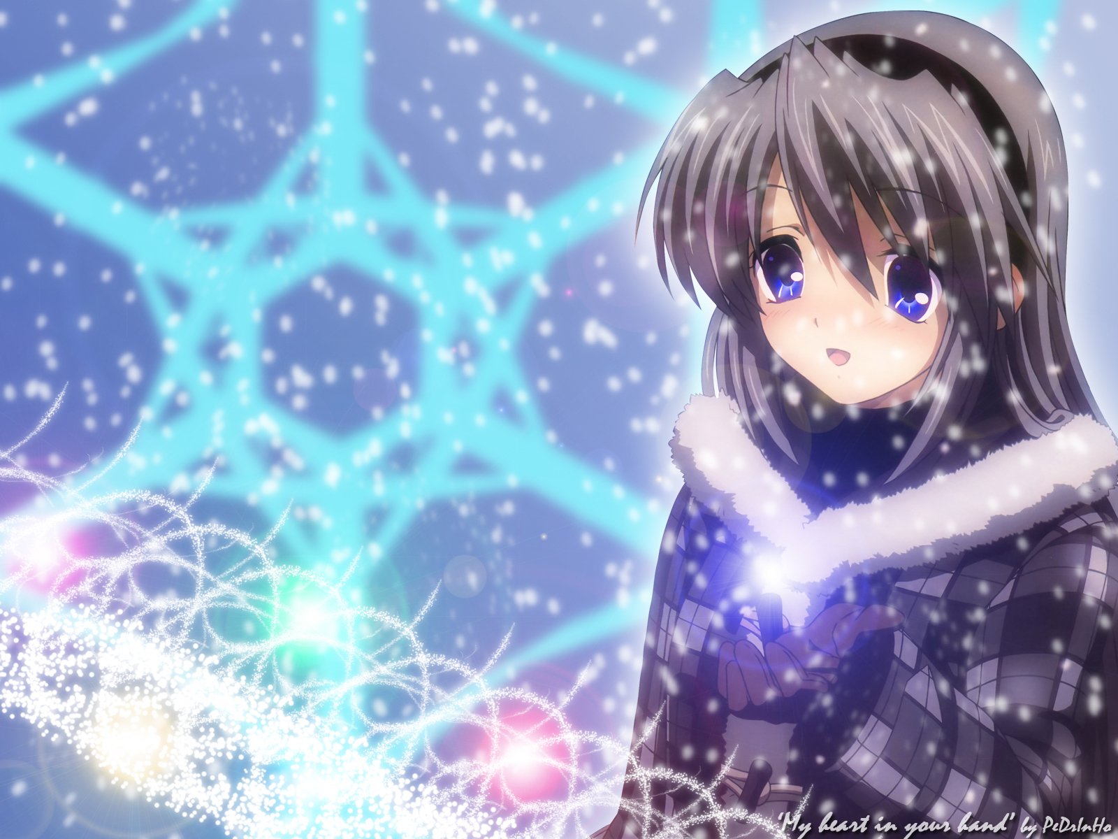 Anime: Tomoyo Sakagami from Clannad stands in falling snow wearing a fur-trimmed coat, surrounded by glowing blue lights — HD PC desktop wallpaper.