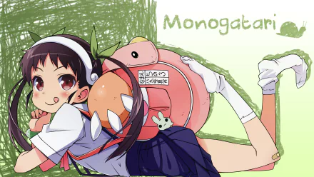 4K Ultra HD desktop wallpaper featuring cute anime character Mayoi Hachikuji from the Monogatari series in a playful pose with a pink backpack.