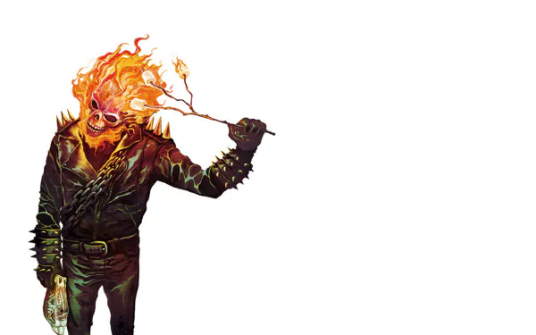 A vibrant HD wallpaper featuring Ghost Rider, depicted with flaming hair and a spiked leather jacket, holding a fiery weapon against a minimalist background.