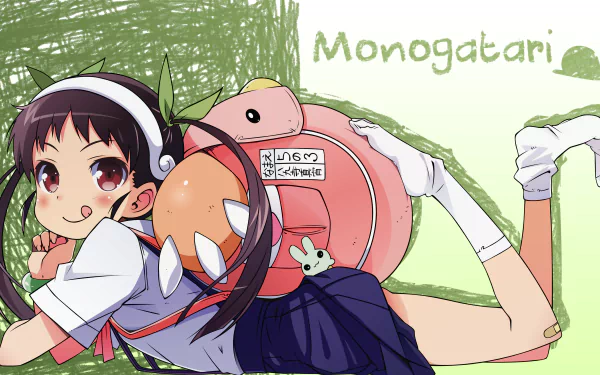 4K Ultra HD desktop wallpaper featuring cute anime character Mayoi Hachikuji from the Monogatari series in a playful pose with a pink backpack.