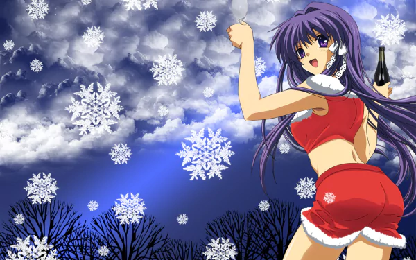 HD PC wallpaper of Kyou Fujibayashi from Clannad in a red winter outfit, smiling and holding a bottle amid falling snowflakes against a blue night sky.