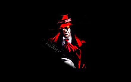 HD anime desktop wallpaper featuring Alucard from Hellsing, dressed in a red hat and coat against a black background.