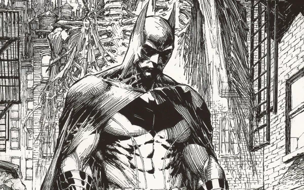 Detailed black-and-white comic-style illustration of Batman in an urban setting, designed as a 4K Ultra HD PC desktop wallpaper and background.