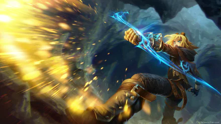 Ezreal from League of Legends unleashes a magical blast in this HD desktop wallpaper, capturing the dynamic action and vibrant colors of the popular video game.