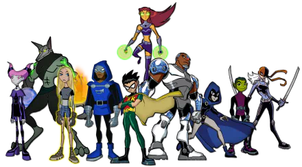HD wallpaper featuring Teen Titans characters Terra, Jinx, Robin, Beast Boy, Cyborg, Starfire, Raven, Rose Wilson, and Ravager on a transparent background.