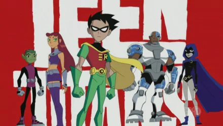 HD wallpaper of Teen Titans characters Robin, Cyborg, Raven, Starfire, and Beast Boy with a bold red background.