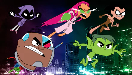 HD wallpaper featuring Teen Titans Go! characters Raven, Starfire, Cyborg, Beast Boy, and Dick Grayson in action above a cityscape.