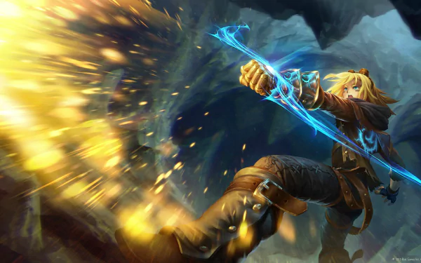 Ezreal from League of Legends unleashes a magical blast in this HD desktop wallpaper, capturing the dynamic action and vibrant colors of the popular video game.