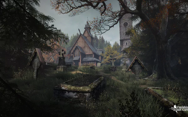 HD PC desktop wallpaper depicting a moody, forested village scene from the video game The Vanishing of Ethan Carter, featuring rustic houses and a large tree.