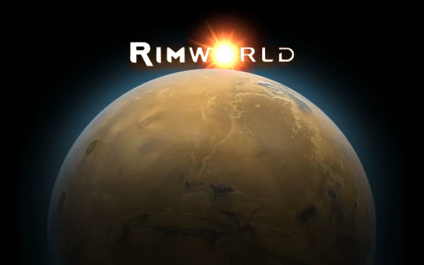 HD desktop wallpaper of RimWorld game featuring the title above a sunlit planet against a dark space backdrop.