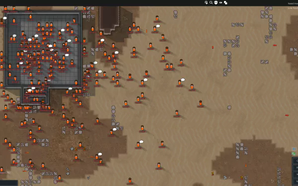 HD desktop wallpaper of RimWorld game showcasing a chaotic scene with multiple fires and characters on a desert terrain.