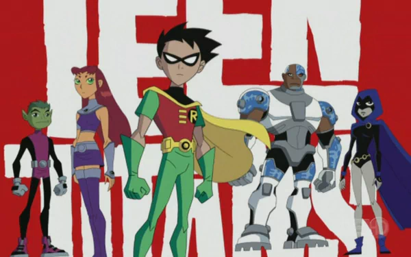 HD wallpaper of Teen Titans characters Robin, Cyborg, Raven, Starfire, and Beast Boy with a bold red background.
