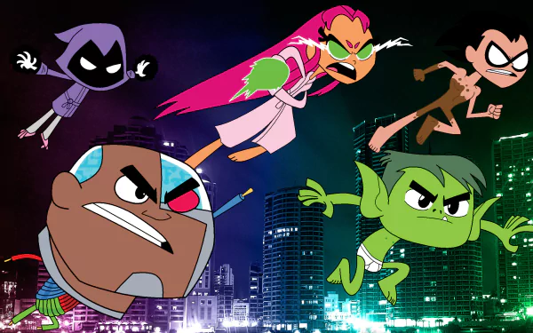 HD wallpaper featuring Teen Titans Go! characters Raven, Starfire, Cyborg, Beast Boy, and Dick Grayson in action above a cityscape.