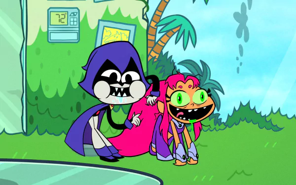 HD wallpaper featuring Raven and Starfire from Teen Titans Go! in a vibrant, animated setting.