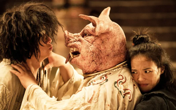HD wallpaper of 'Journey To The West' characters: a person with a pig's head in a tense moment with two others.
