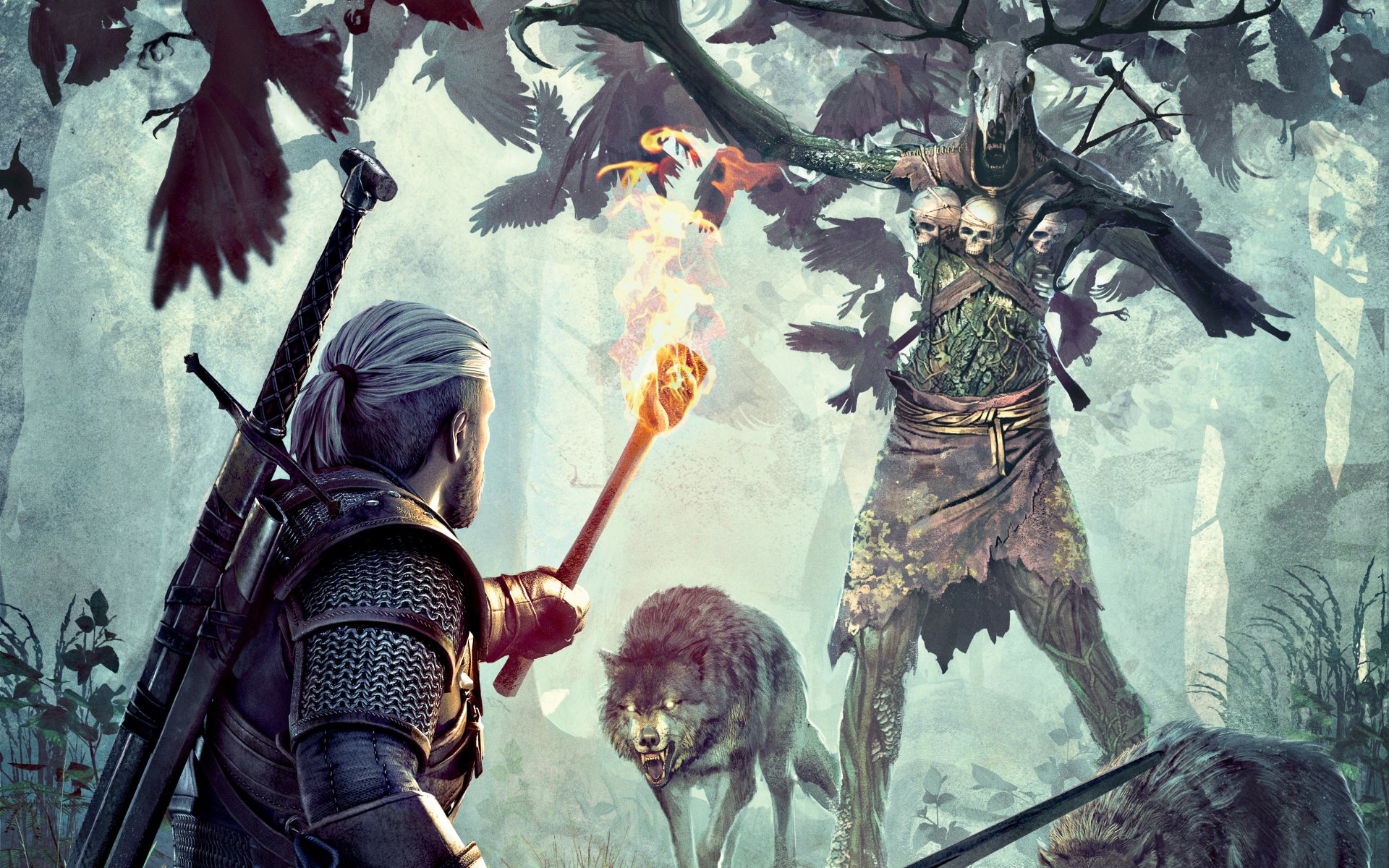 HD desktop wallpaper from The Witcher 3: Wild Hunt depicting Geralt facing a magical creature in a dark forest, accompanied by a wolf and ravens.