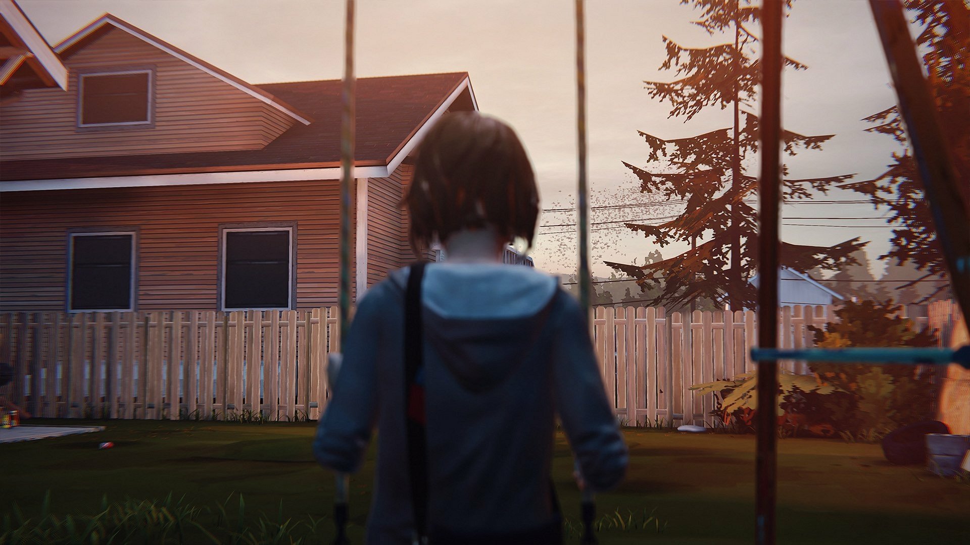 HD PC desktop wallpaper featuring Max Caulfield from the video game Life Is Strange, showing her standing in a backyard with a house and trees in the background.
