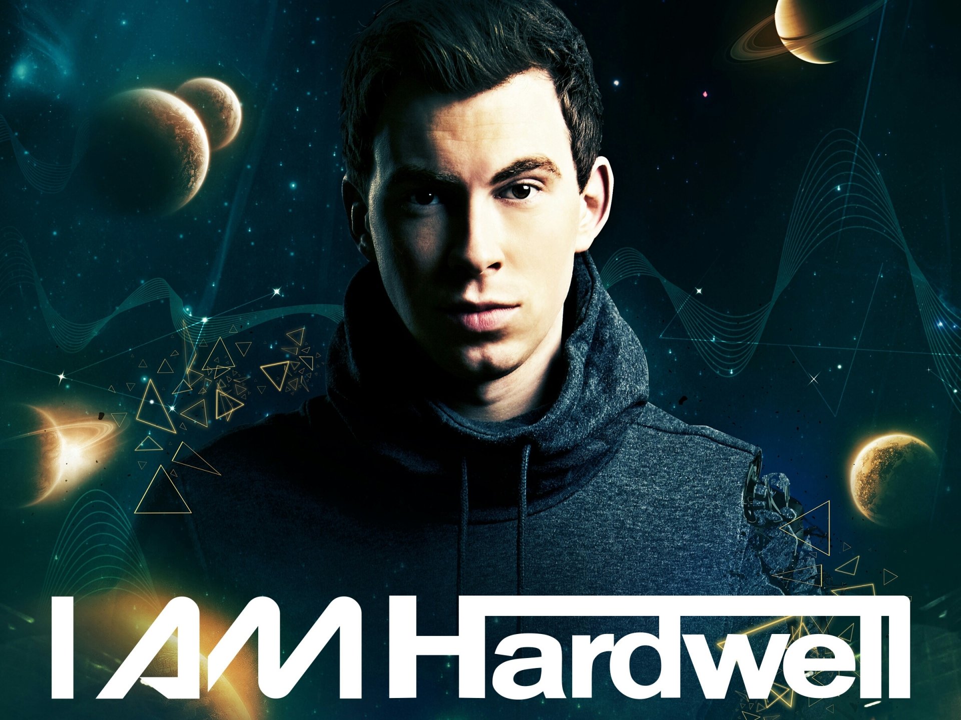 HD movie-style PC wallpaper: cinematic portrait of a male DJ against a cosmic backdrop with planets and bold I AM movie-style title text.