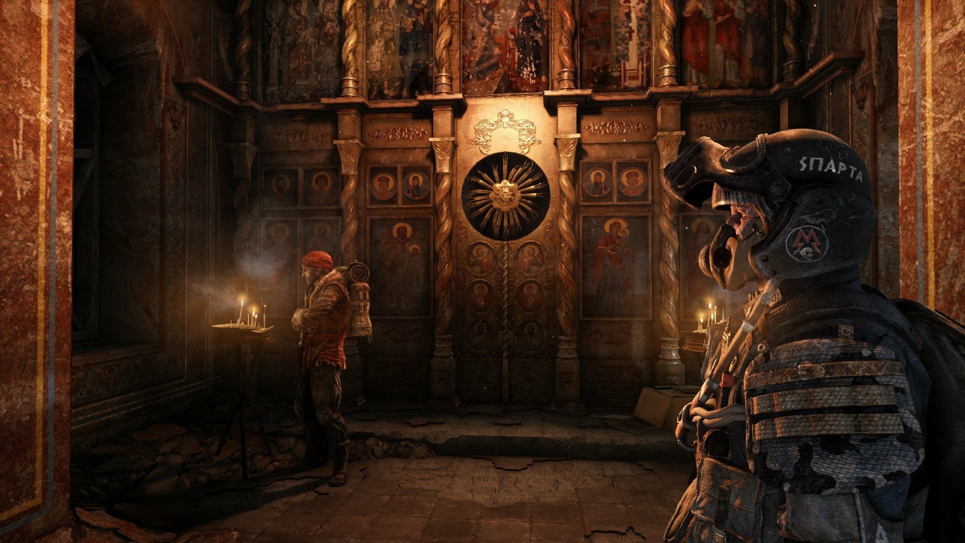 HD PC desktop wallpaper from the video game Metro Last Light Redux, featuring a dark, atmospheric underground scene with armored characters and intricate wall designs.