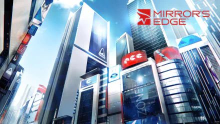 4K Ultra HD desktop wallpaper featuring a bright, futuristic cityscape from the video game Mirror's Edge Catalyst with towering skyscrapers and the game logo.