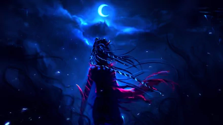 Fantasy-themed HD PC desktop wallpaper featuring a mysterious woman with flowing hair under a glowing crescent moon in a dark, eerie blue night sky.