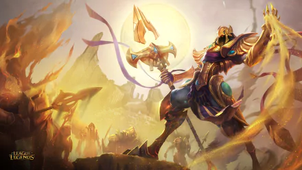 HD desktop wallpaper featuring Azir, an Ascended character from League of Legends, standing amidst the sandy landscapes of Shurima, summoning his powers under a radiant sun.