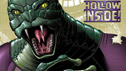 HD PC desktop wallpaper featuring a close-up of a menacing snake from the comic Dial H, with vibrant details and the phrase Hollow Inside! in bold text.
