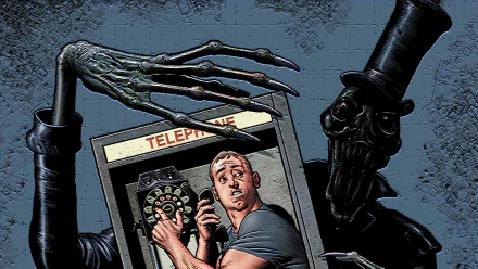 HD comic-style PC wallpaper featuring a tense scene from Dial H with a man at a telephone dial surrounded by eerie skeletal hands in a dark, dramatic setting.