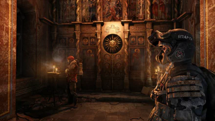 HD PC desktop wallpaper from the video game Metro Last Light Redux, featuring a dark, atmospheric underground scene with armored characters and intricate wall designs.