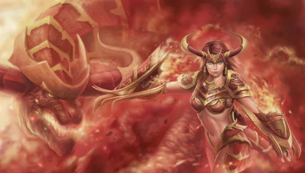 Shyvana from League of Legends depicted in fiery armor alongside a dragon, featured in a 4K Ultra HD video game desktop wallpaper.