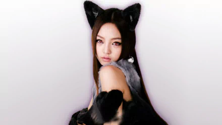 HD Korean K-pop desktop wallpaper: woman in black cat ears and fur, channeling KARA music-era styling against a clean white background.