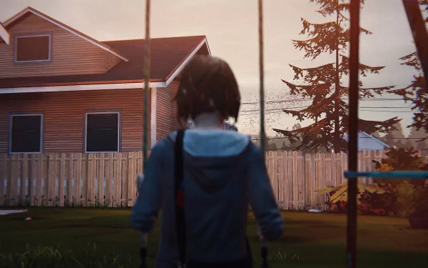 HD PC desktop wallpaper featuring Max Caulfield from the video game Life Is Strange, showing her standing in a backyard with a house and trees in the background.