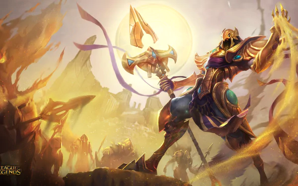 HD desktop wallpaper featuring Azir, an Ascended character from League of Legends, standing amidst the sandy landscapes of Shurima, summoning his powers under a radiant sun.