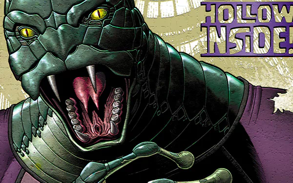 HD PC desktop wallpaper featuring a close-up of a menacing snake from the comic Dial H, with vibrant details and the phrase Hollow Inside! in bold text.