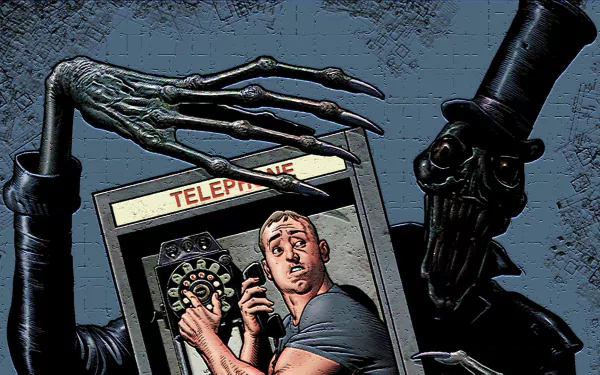 HD comic-style PC wallpaper featuring a tense scene from Dial H with a man at a telephone dial surrounded by eerie skeletal hands in a dark, dramatic setting.