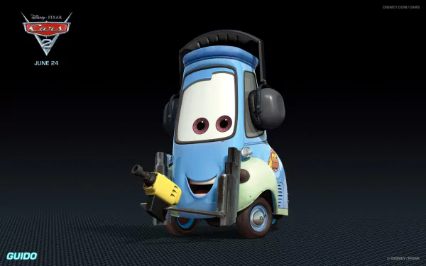 HD PC desktop wallpaper featuring Guido, the blue forklift character from the movie Cars 2, set against a dark background with the film’s logo and release date.