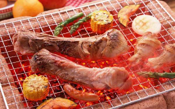  Barbecue pork ribs and chicken legs with corn