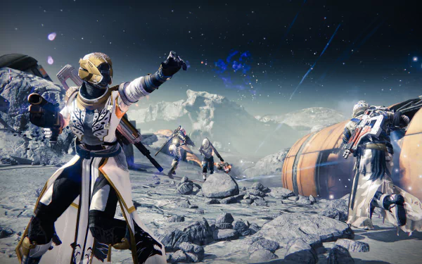 An 8K Ultra HD Destiny video game scene featuring armored Guardians on a rocky, lunar-like battlefield under a starry sky.