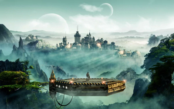 HD wallpaper featuring a scenic view from Civilization: Beyond Earth with a figure on a floating platform overlooking mystical mountains and futuristic city.
