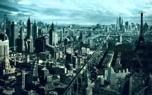 HD wallpaper depicting a futuristic cityscape from the video game Civilization: Beyond Earth, featuring towering skyscrapers and a monorail.