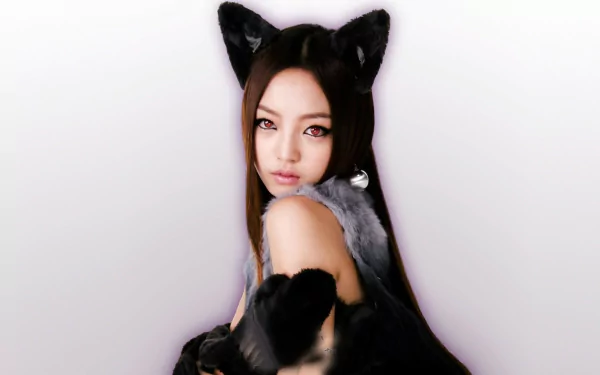 HD Korean K-pop desktop wallpaper: woman in black cat ears and fur, channeling KARA music-era styling against a clean white background.
