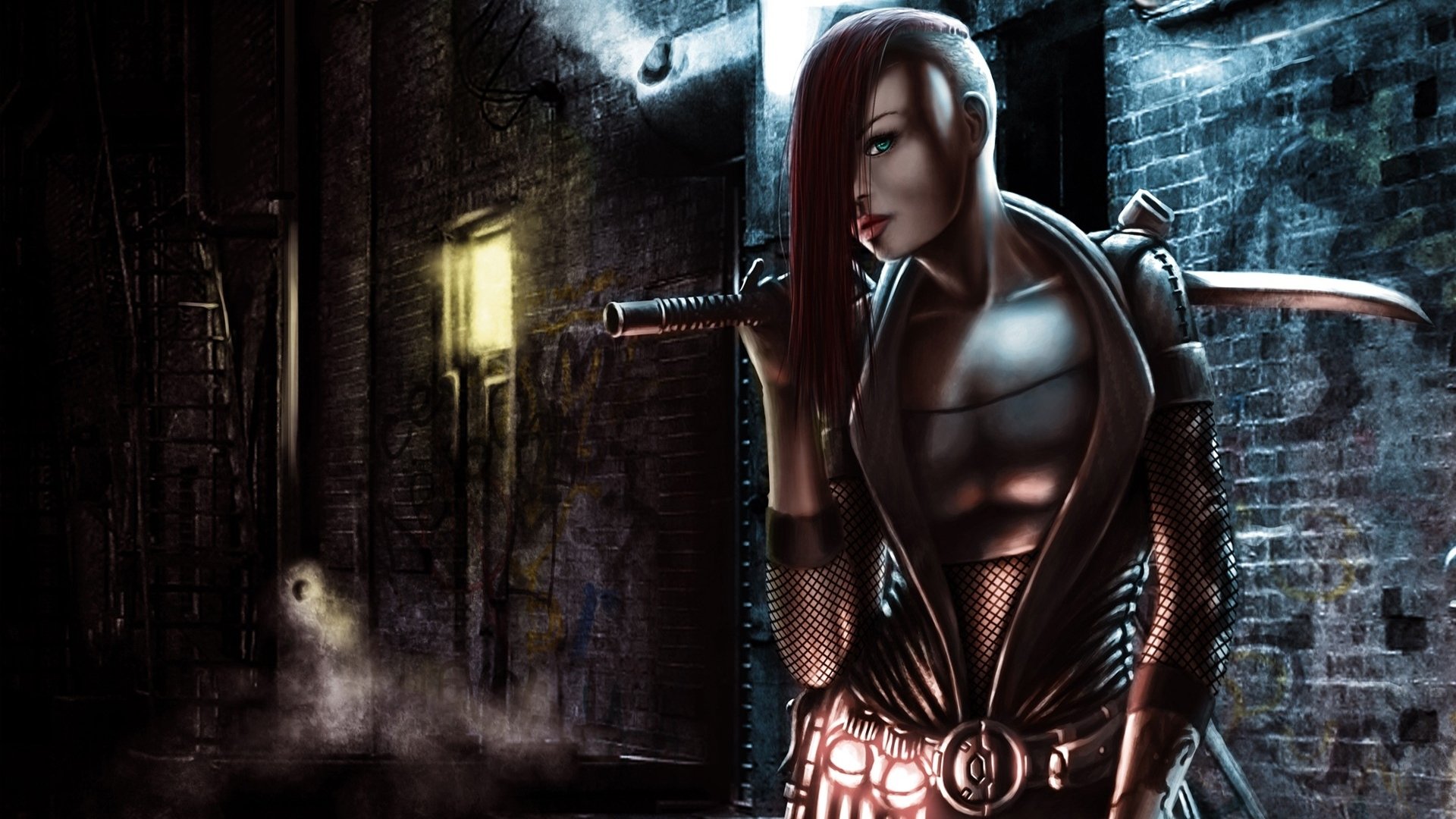 Fantasy-themed HD PC desktop wallpaper of a woman warrior with a sword, standing in a dark, misty alley illuminated by dim light.